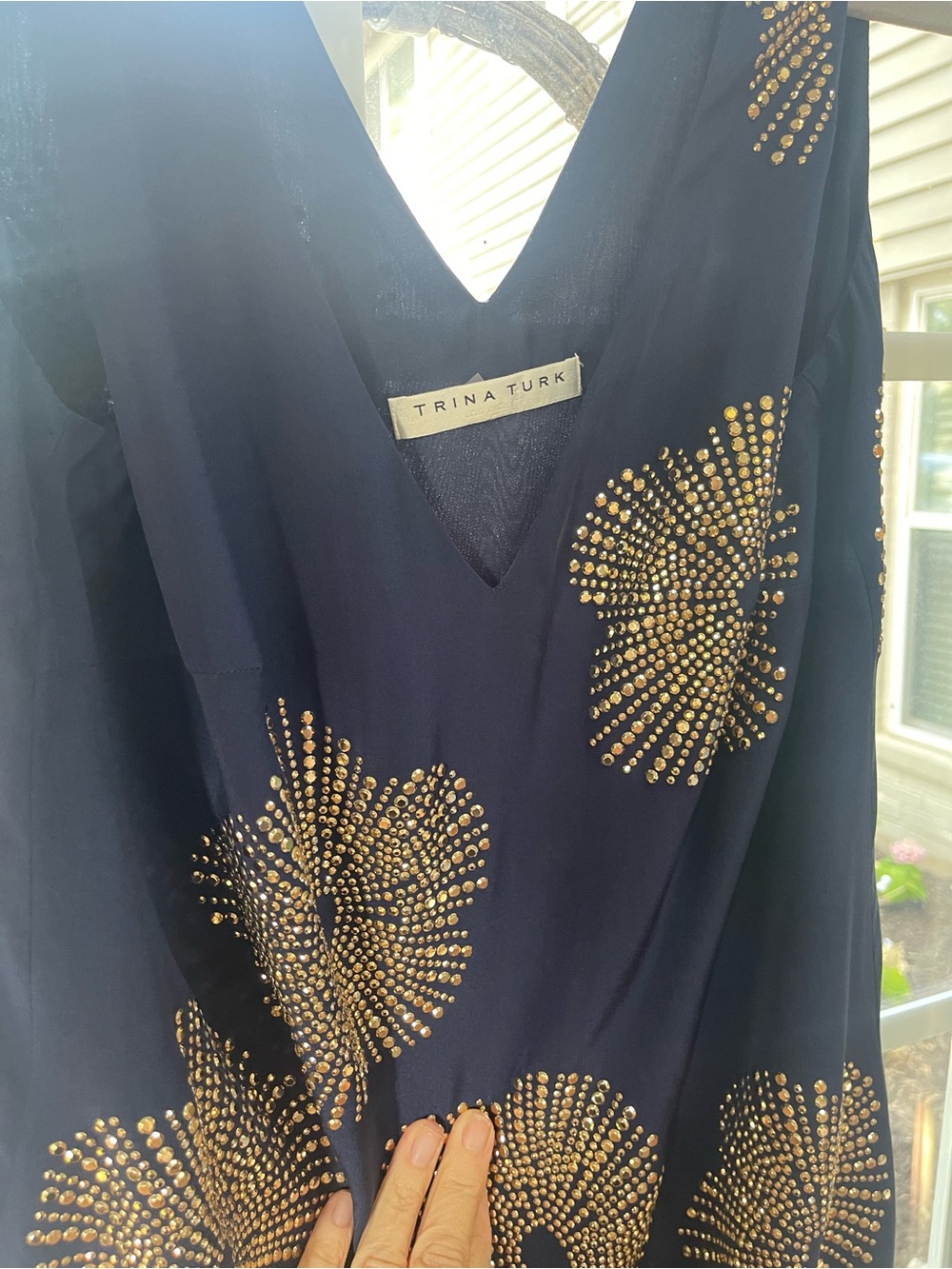 Trina Turk Navy Mini Dress with Gold Stud Burst Detail